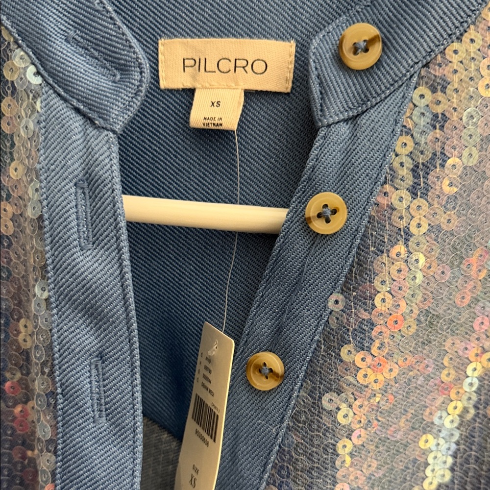 Pilcro Light Blue Sequin Puff-Sleeve Blouse - Picture 3 of 5
